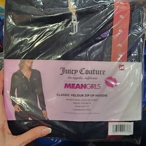 Juicy Couture Black Classic Velour Zip-Up Hoodie with Rhinestone Logo